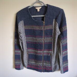 Lucky Brand Medium Asymmetric Full Zip Knit Jacket Multi Embroidered Geometric